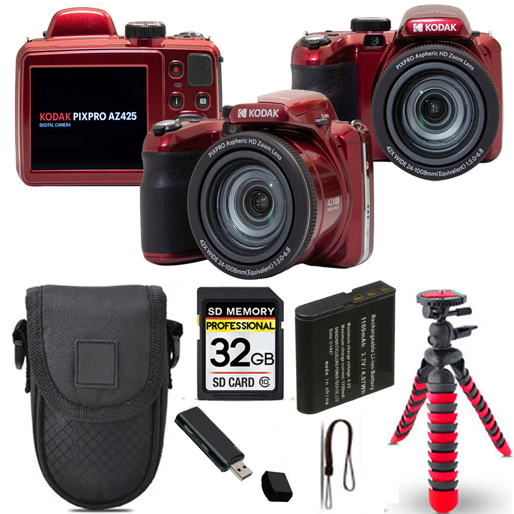 PIXPRO AZ425 Digital Camera (Red) + Spider Tripod + Case - 32GB Kit *FREE SHIPPING*