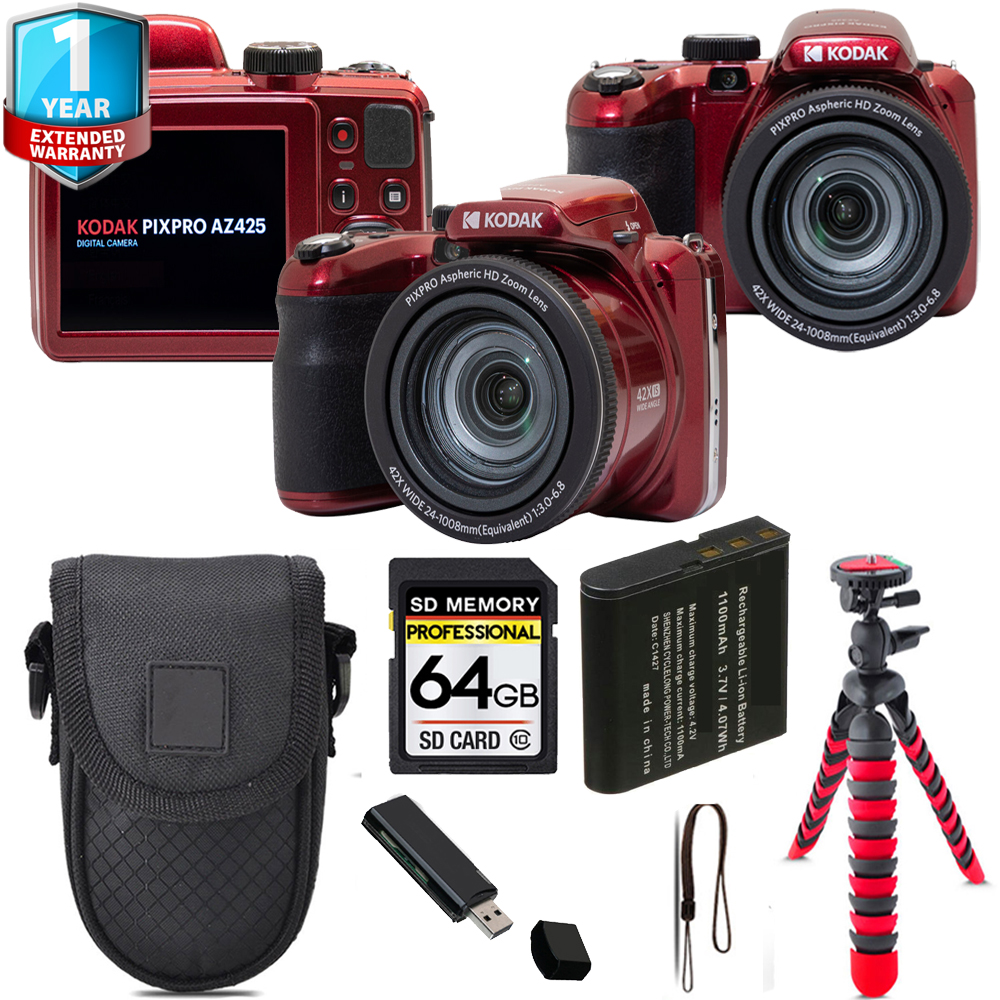 PIXPRO AZ425 Digital Camera (Red) + Tripod + 1 Yr Warranty - 64GB Kit *FREE SHIPPING*