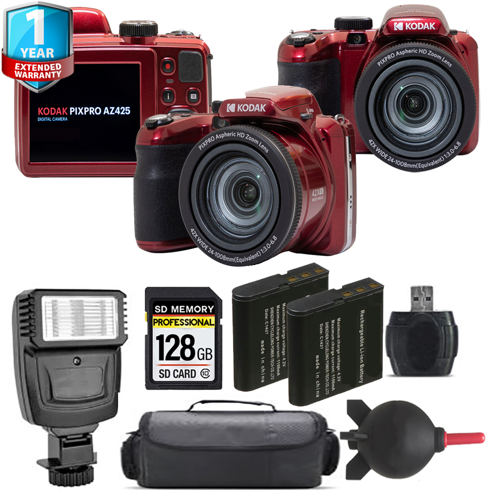 PIXPRO AZ425 Digital Camera (Red) + Extra Battery + Flash+ 1 Yr Warranty *FREE SHIPPING*
