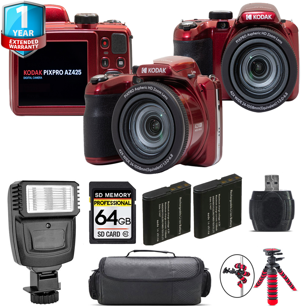 PIXPRO AZ425 Digital Camera (Red) + 1 Yr Warranty + Flash - 64GB Kit *FREE SHIPPING*