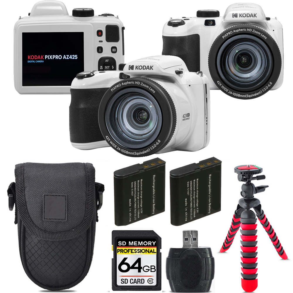 PIXPRO AZ425 Digital Camera (White) + Extra Battery +Tripod  + 64GB Kit *FREE SHIPPING*