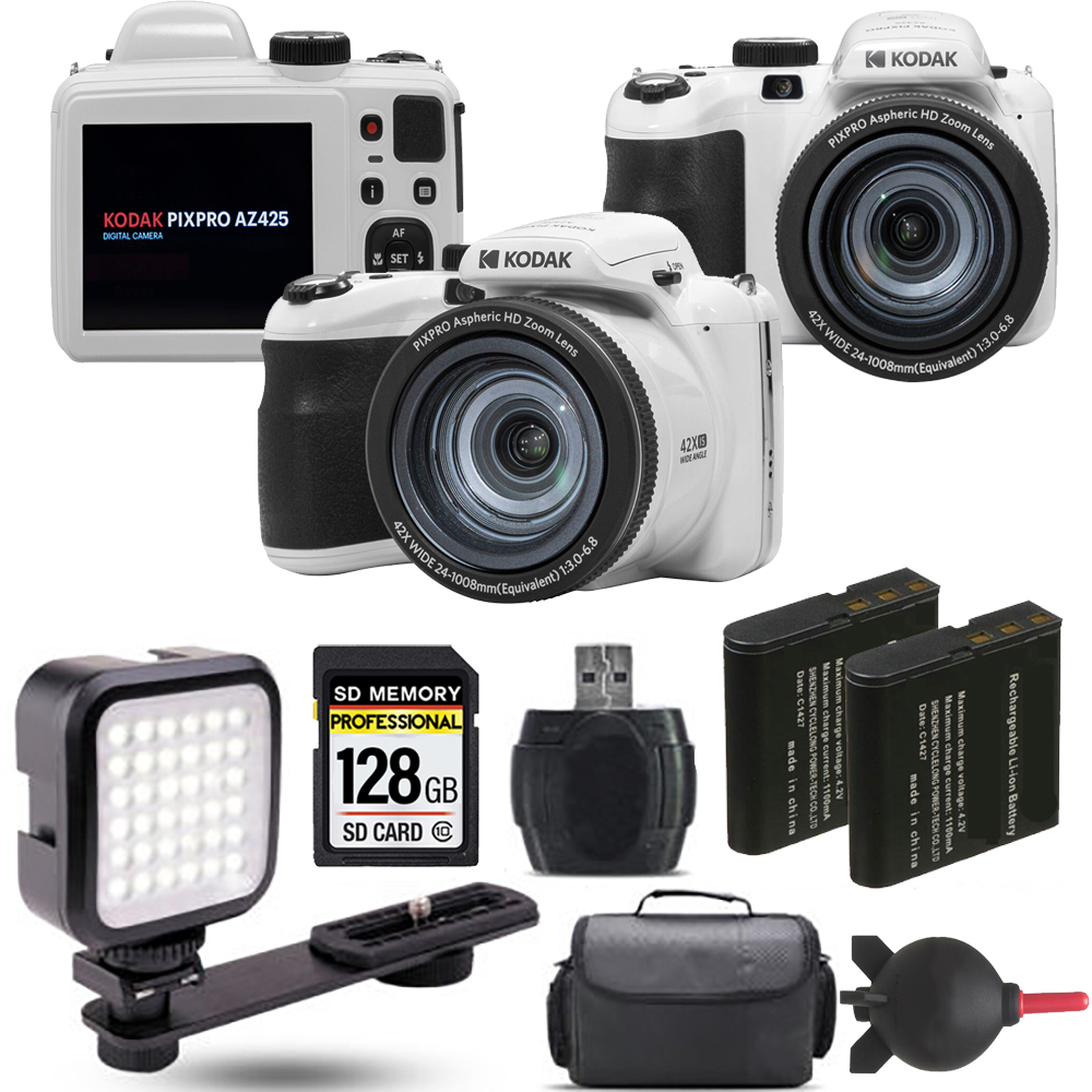 PIXPRO AZ425 Digital Camera (White) + Extra Battery + LED - 128GB Kit *FREE SHIPPING*