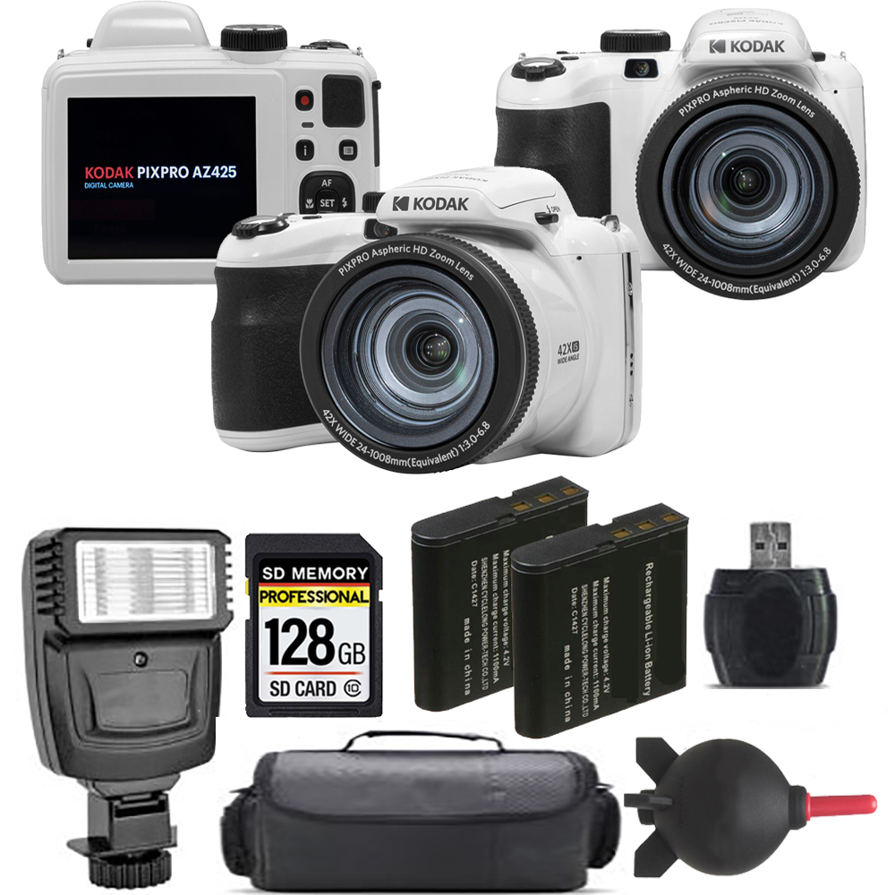 PIXPRO AZ425 Digital Camera (White) + Extra Battery + Flash - 128GB Kit *FREE SHIPPING*