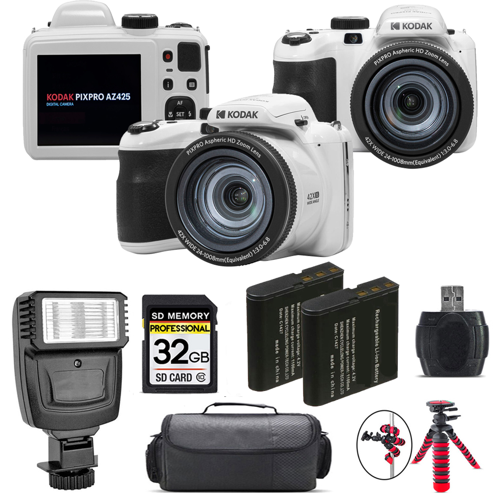 PIXPRO AZ425 Digital Camera (White) + Extra Battery + Flash - 32GB Kit *FREE SHIPPING*