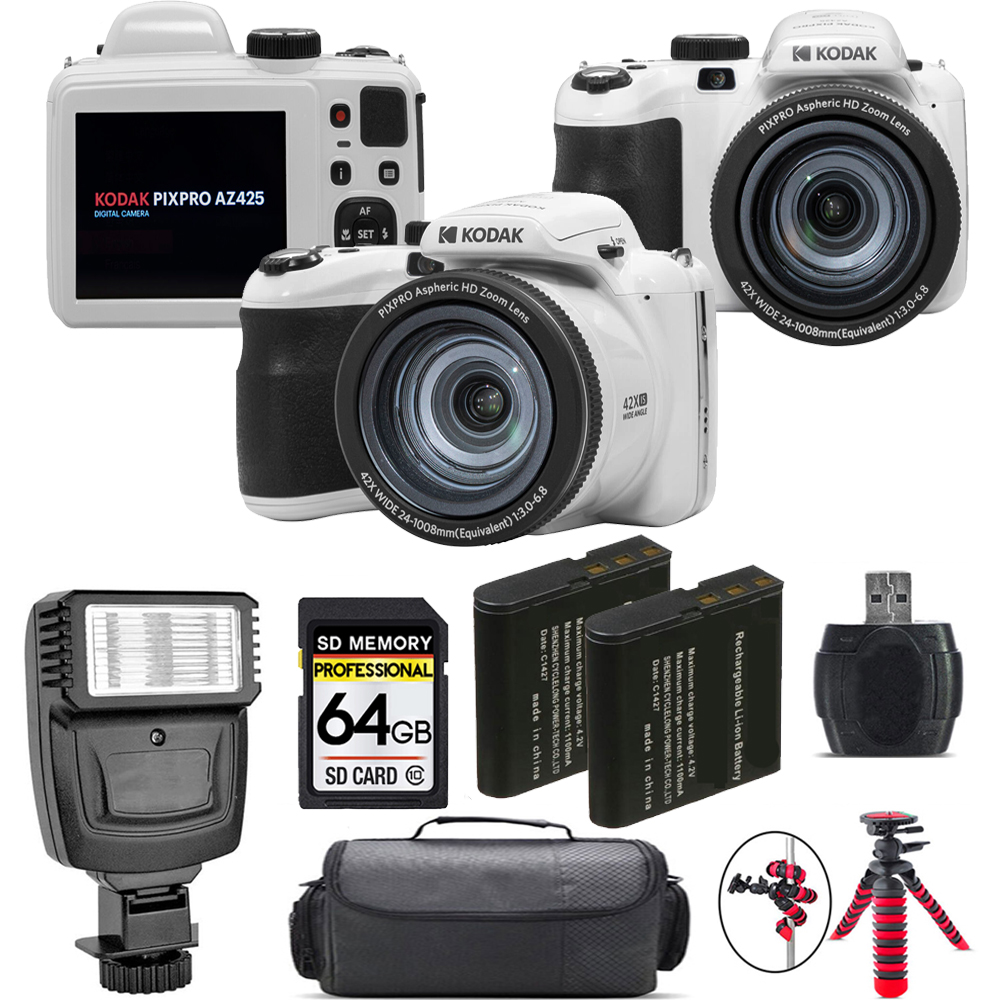 PIXPRO AZ425 Digital Camera (White) + Extra Battery + Flash - 64GB Kit *FREE SHIPPING*