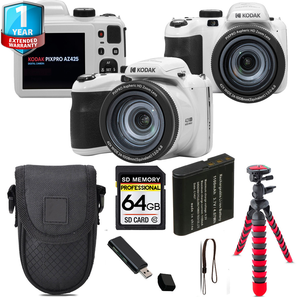 PIXPRO AZ425 Digital Camera (White) + Tripod + 1 Yr Warranty - 64GB Kit *FREE SHIPPING*