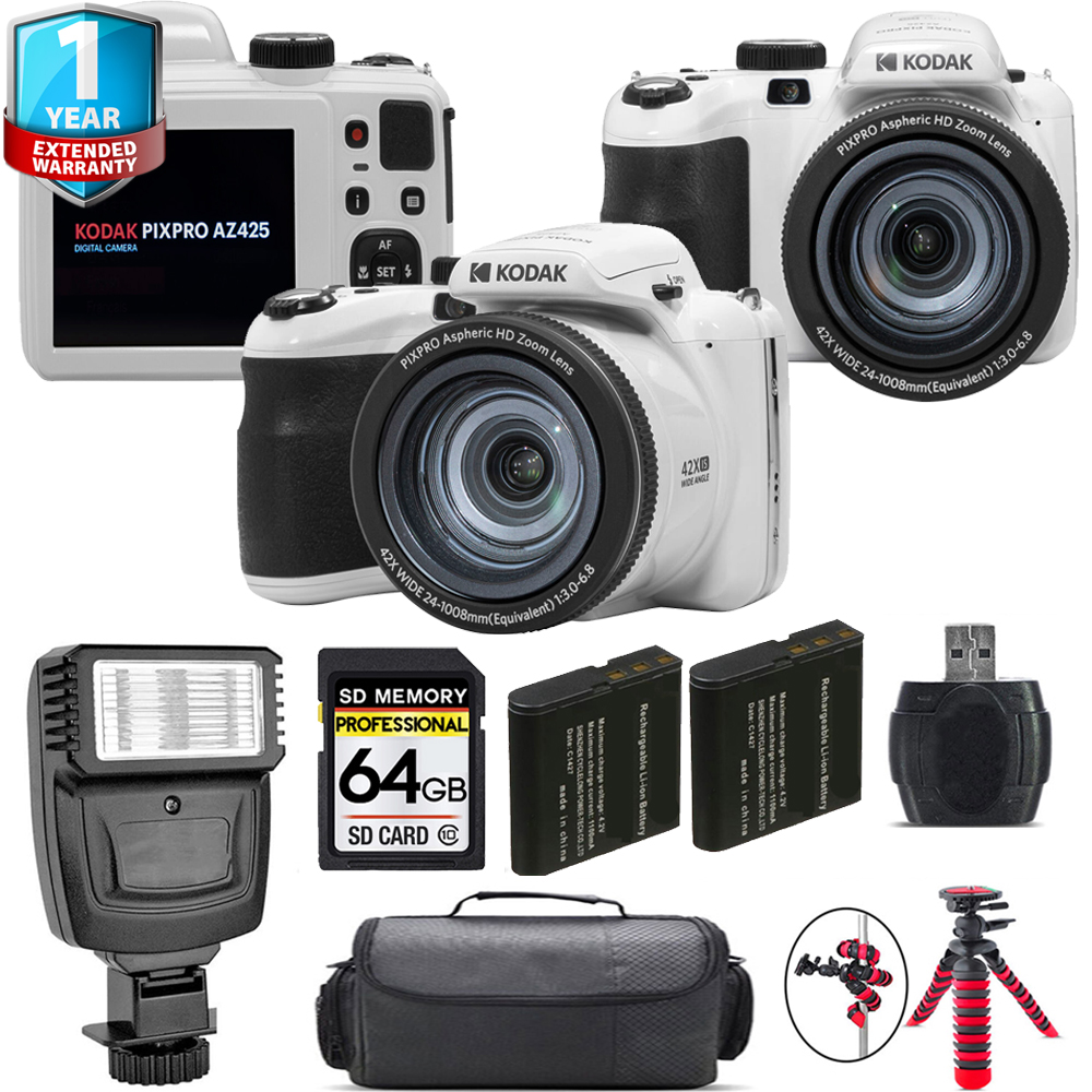 PIXPRO AZ425 Digital Camera (White) + 1 Yr Warranty + Flash - 64GB Kit *FREE SHIPPING*