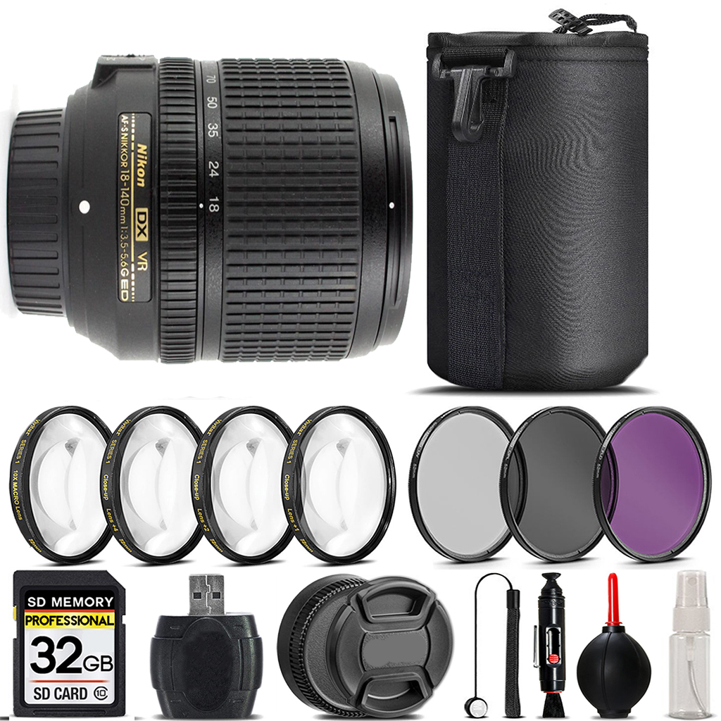 AF-S 18-140mm ED VR Lens + 4PC Macro Kit + UV, CPL, FLD Filter - 32GB *FREE SHIPPING*