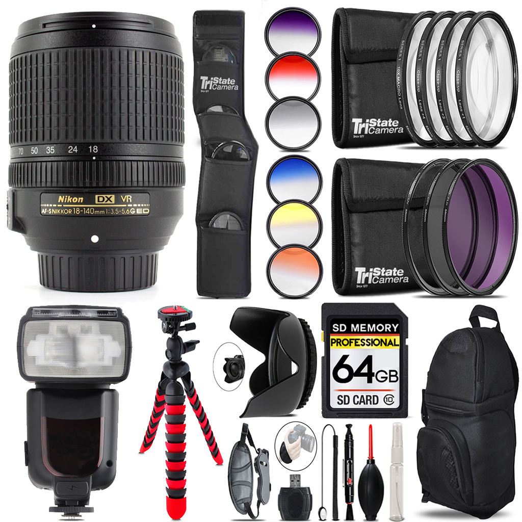AF-S DX NIKKOR 18-140mm ED VR Lens + Nikon Speedlight - 64GB Accessory Kit *FREE SHIPPING*