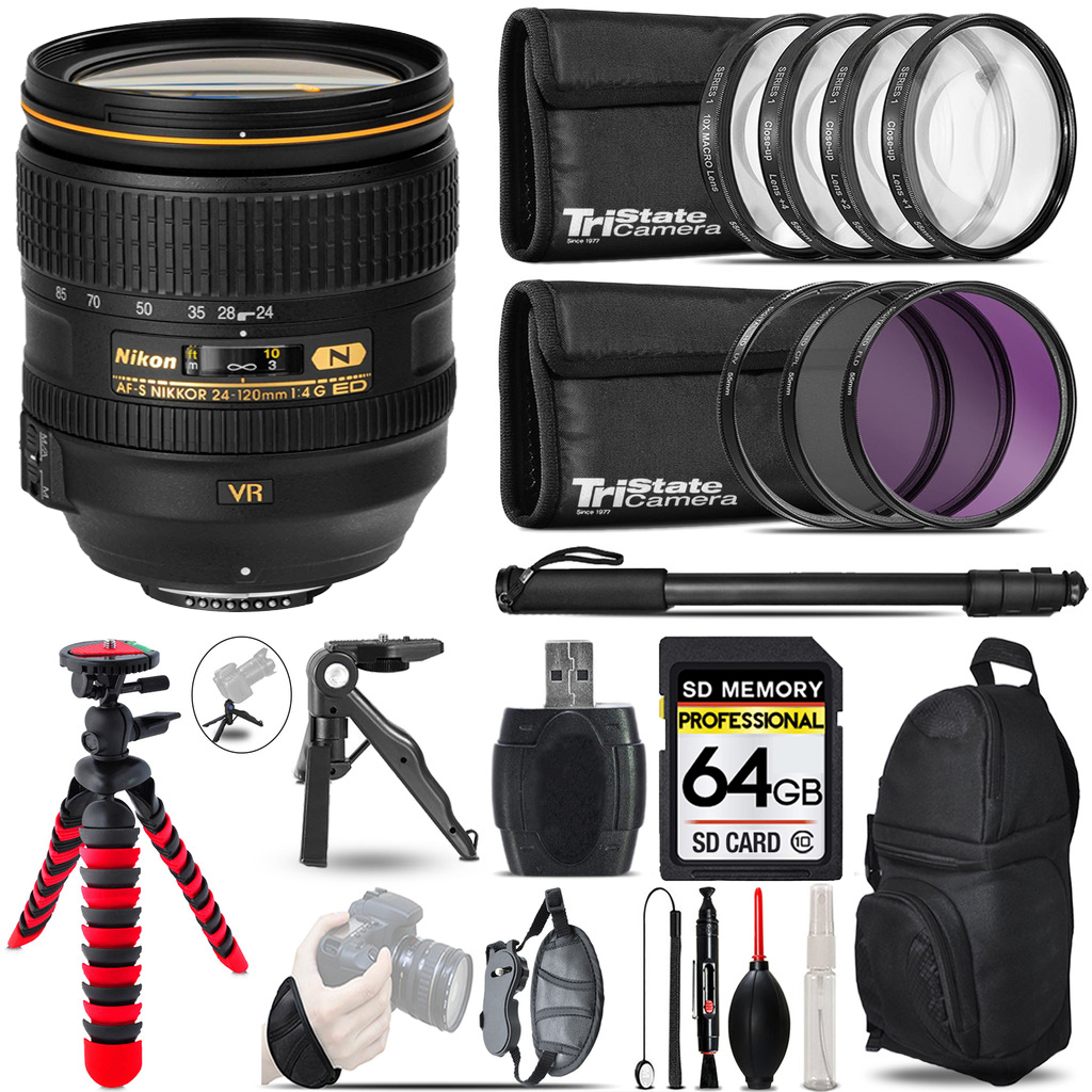 AF-S 24-120/4G ED VR Zoom Lens+ MACRO, UV-CPL-FLD Filter+ Monopad -64GB Kit *FREE SHIPPING*