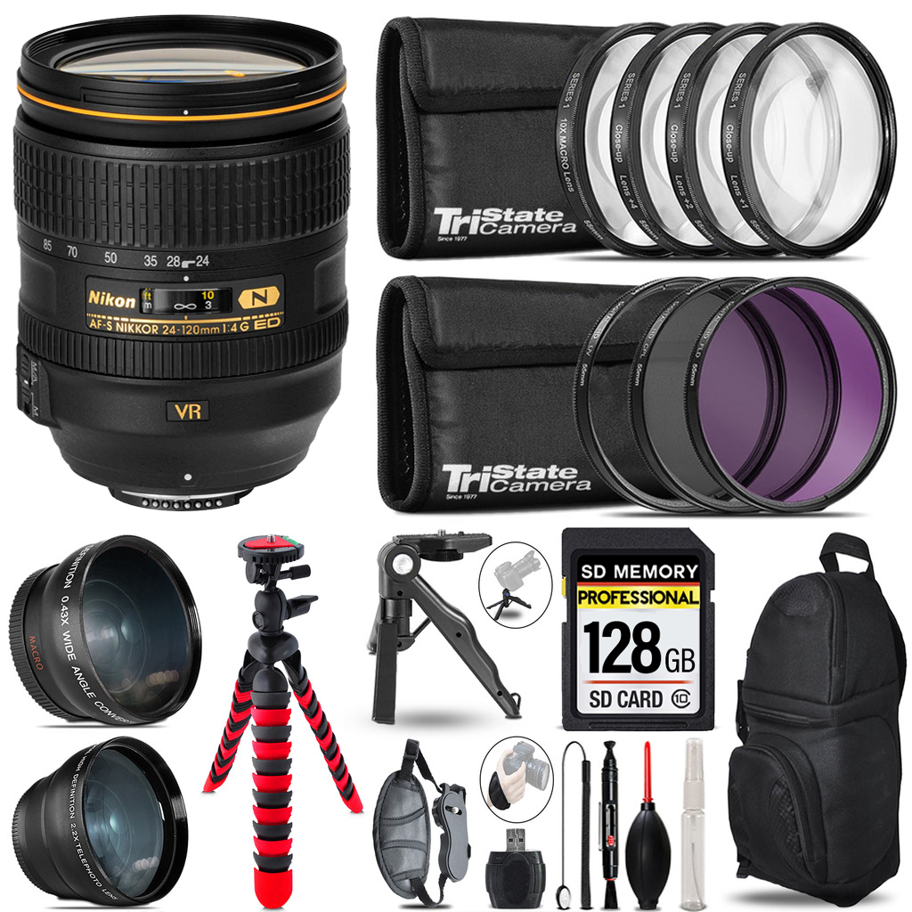 AF-S 24-120/4G ED VR Zoom Lens- 3 Lens Kit + Tripod +Backpack -128GB Bundle *FREE SHIPPING*