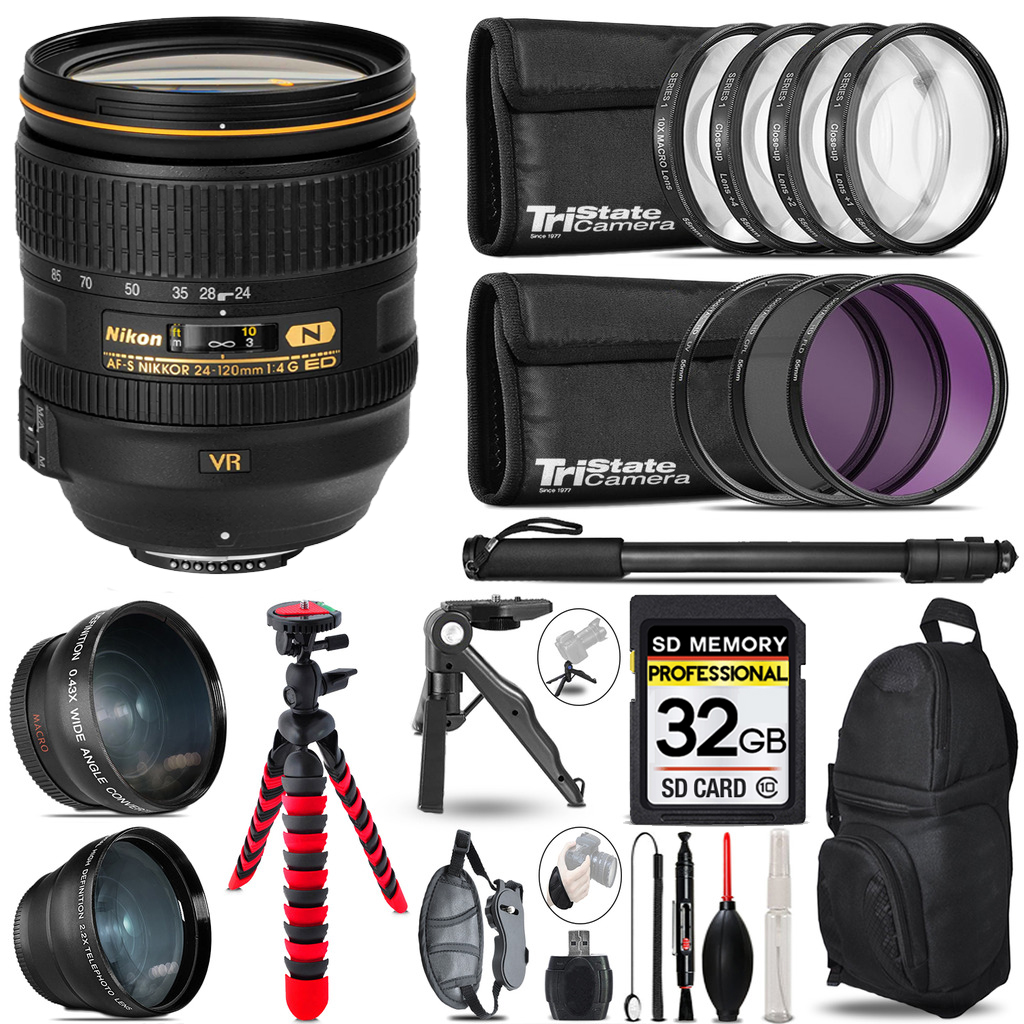 AF-S 24-120/4G ED VR Zoom Lens- 3 Lens Kit + Tripod + Backpack -32GB Bundle *FREE SHIPPING*