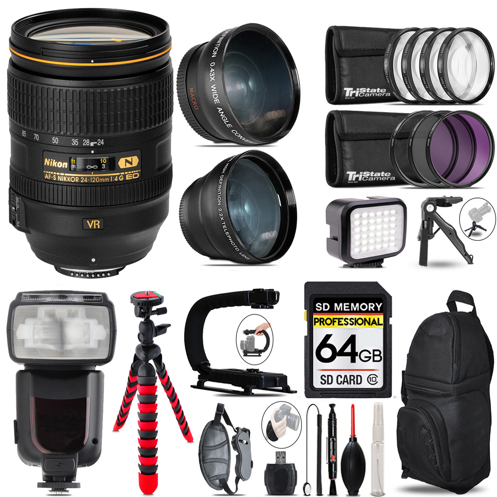 AF-S 24-120/4G ED VR Zoom Lens+ Pro Flash + LED Light + Tripod -64GB Bundle *FREE SHIPPING*