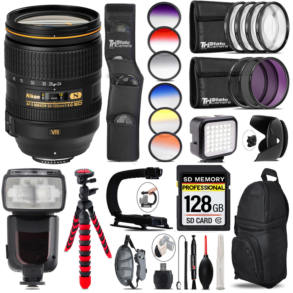 AF-S 24-120/4G ED VR Zoom Lens+ Pro Flash + LED Light - 128GB Bundle *FREE SHIPPING*