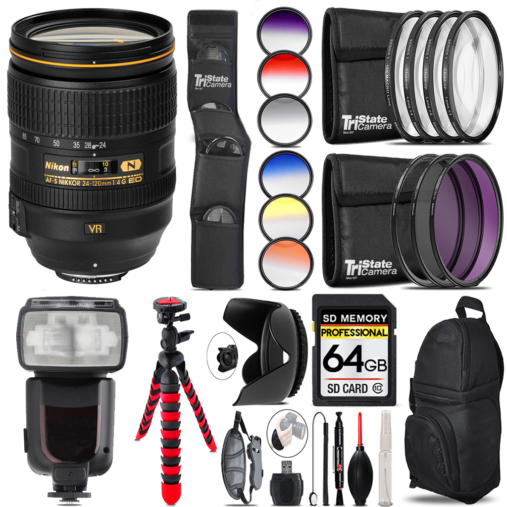 AF-S 24-120/4G ED VR Zoom Lens+ Nikon Speedlight - 64GB Accessory Kit *FREE SHIPPING*