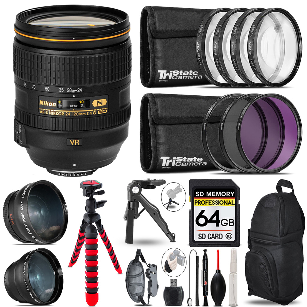AF-S 24-120/4G ED VR Zoom Lens- 3 Lens Kit + Tripod + Backpack -64GB Bundle *FREE SHIPPING*