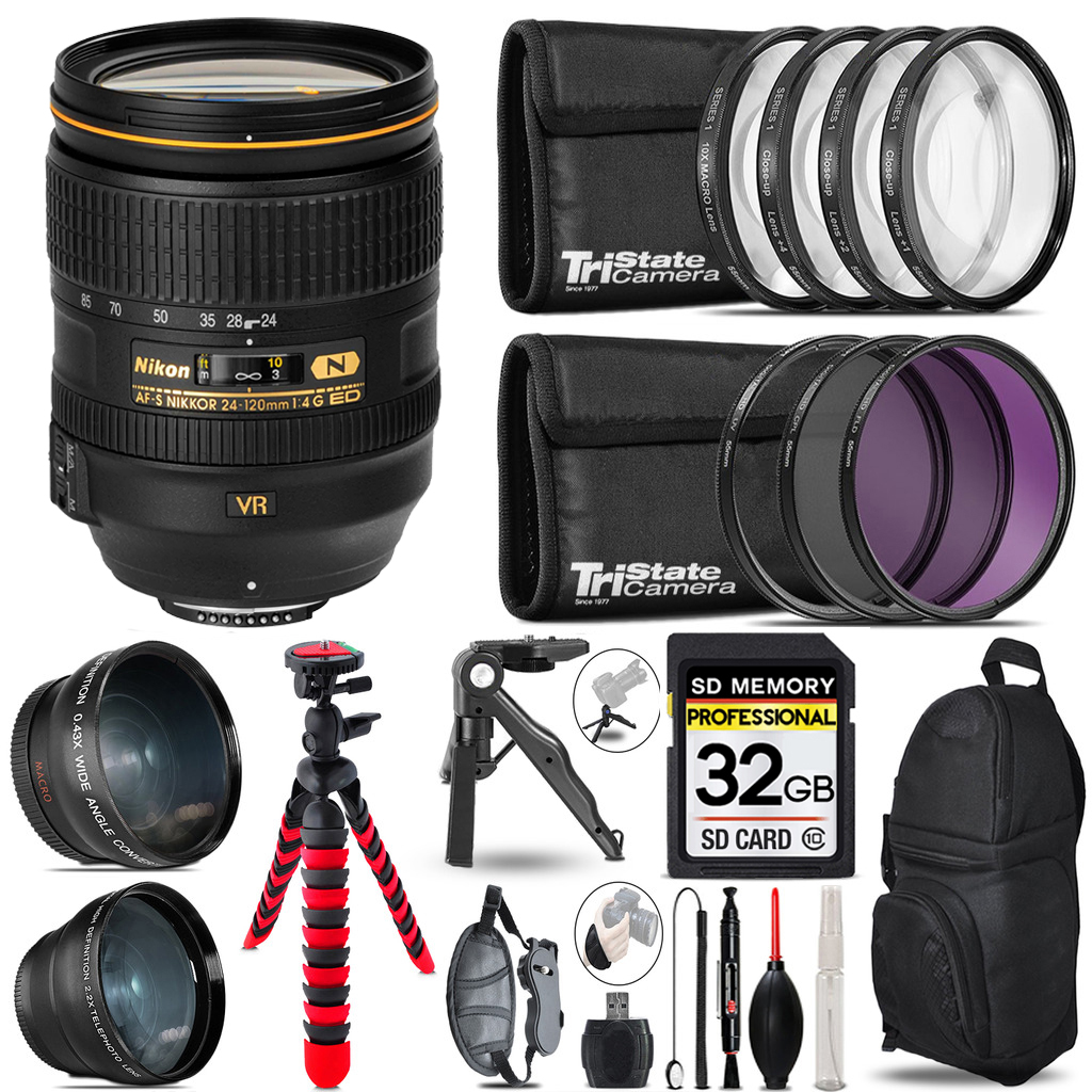 AF-S 24-120/4G ED VR Zoom Lens- 3 Lens Kit + Tripod + Backpack -32GB Bundle *FREE SHIPPING*