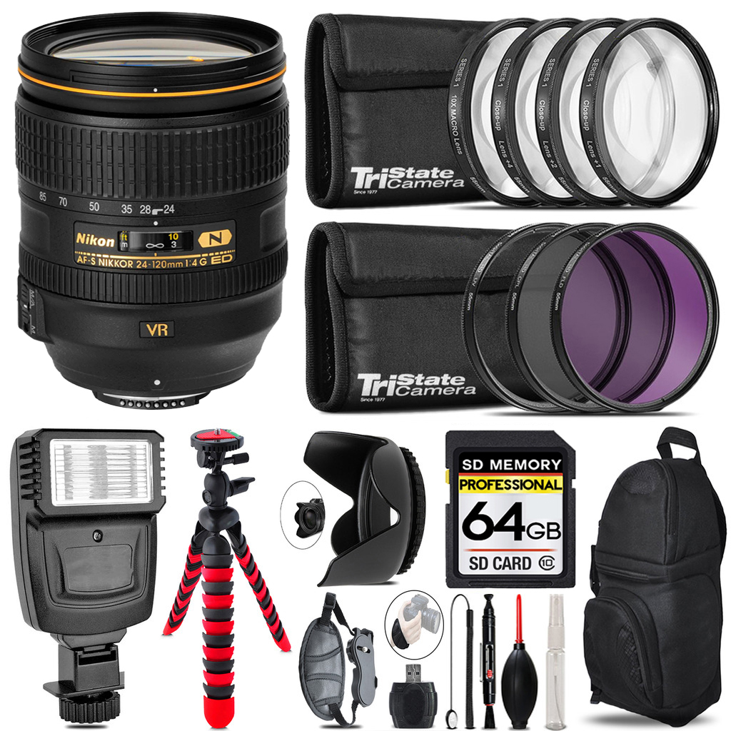 AF-S 24-120/4G ED VR Zoom Lens+ Flash + Tripod & More - 64GB Accessory Kit *FREE SHIPPING*