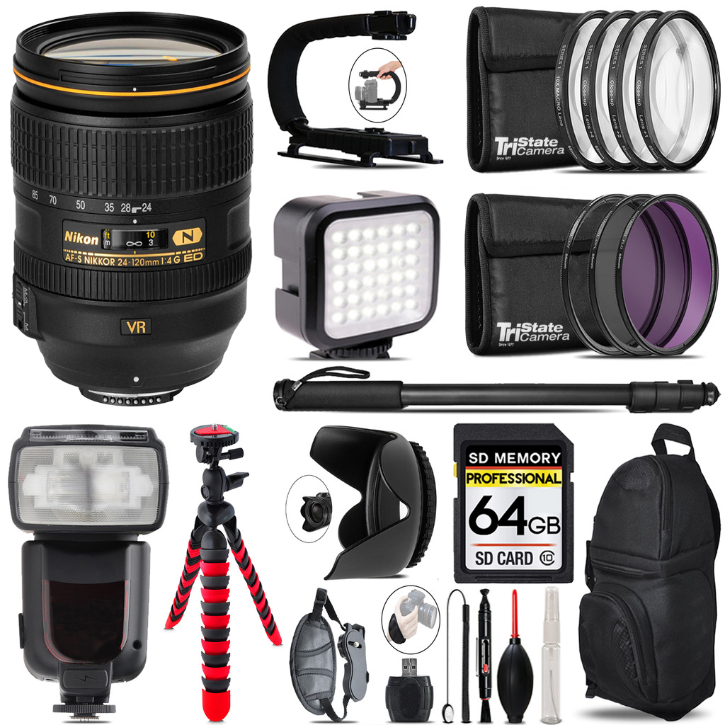 AF-S 24-120/4G ED VR Zoom Lens- Video Kit + Pro Flash - 64GB Bundle *FREE SHIPPING*