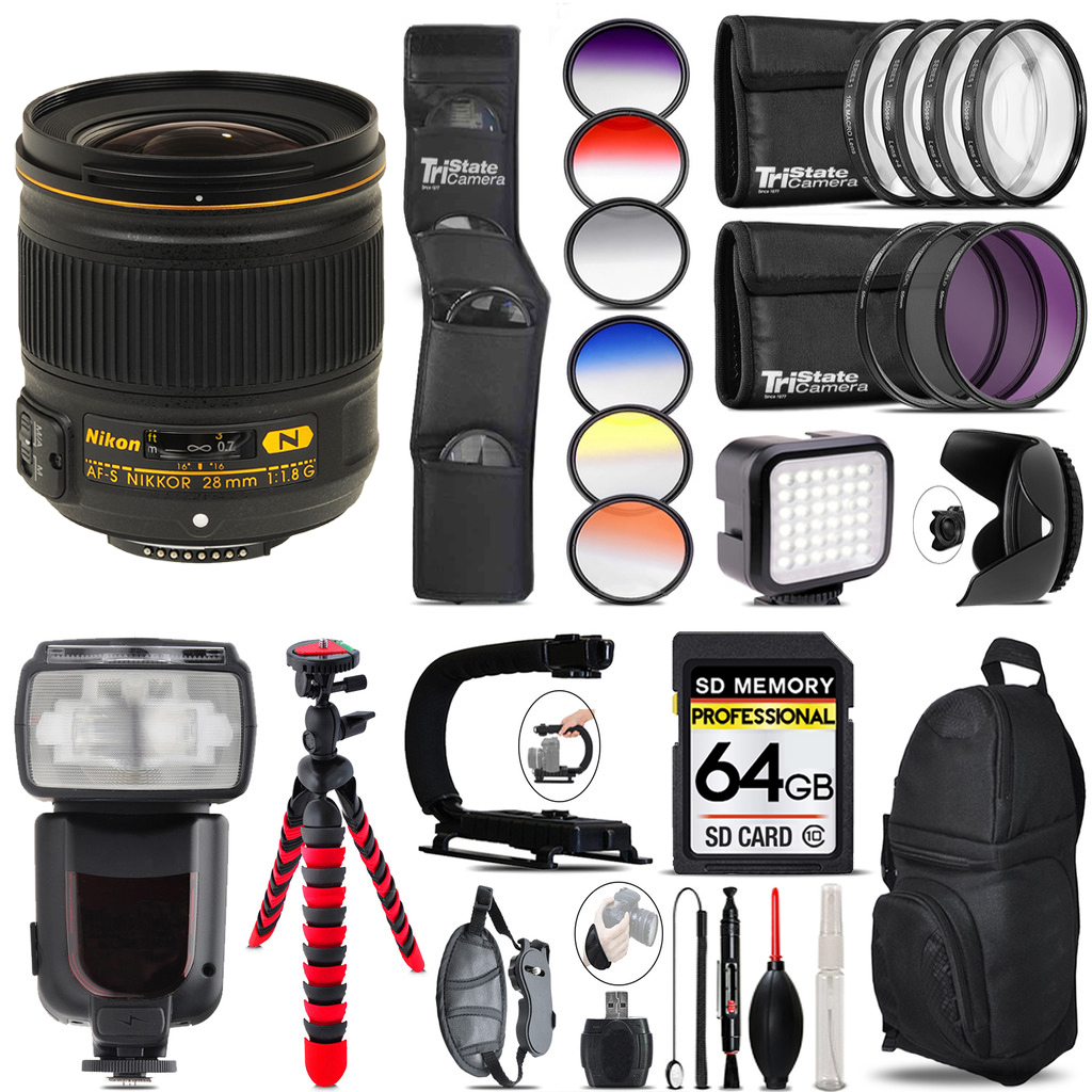 AF-S 28/1.8G LENS + Pro Flash + LED Light -64GB Accessory Bundle *FREE SHIPPING*