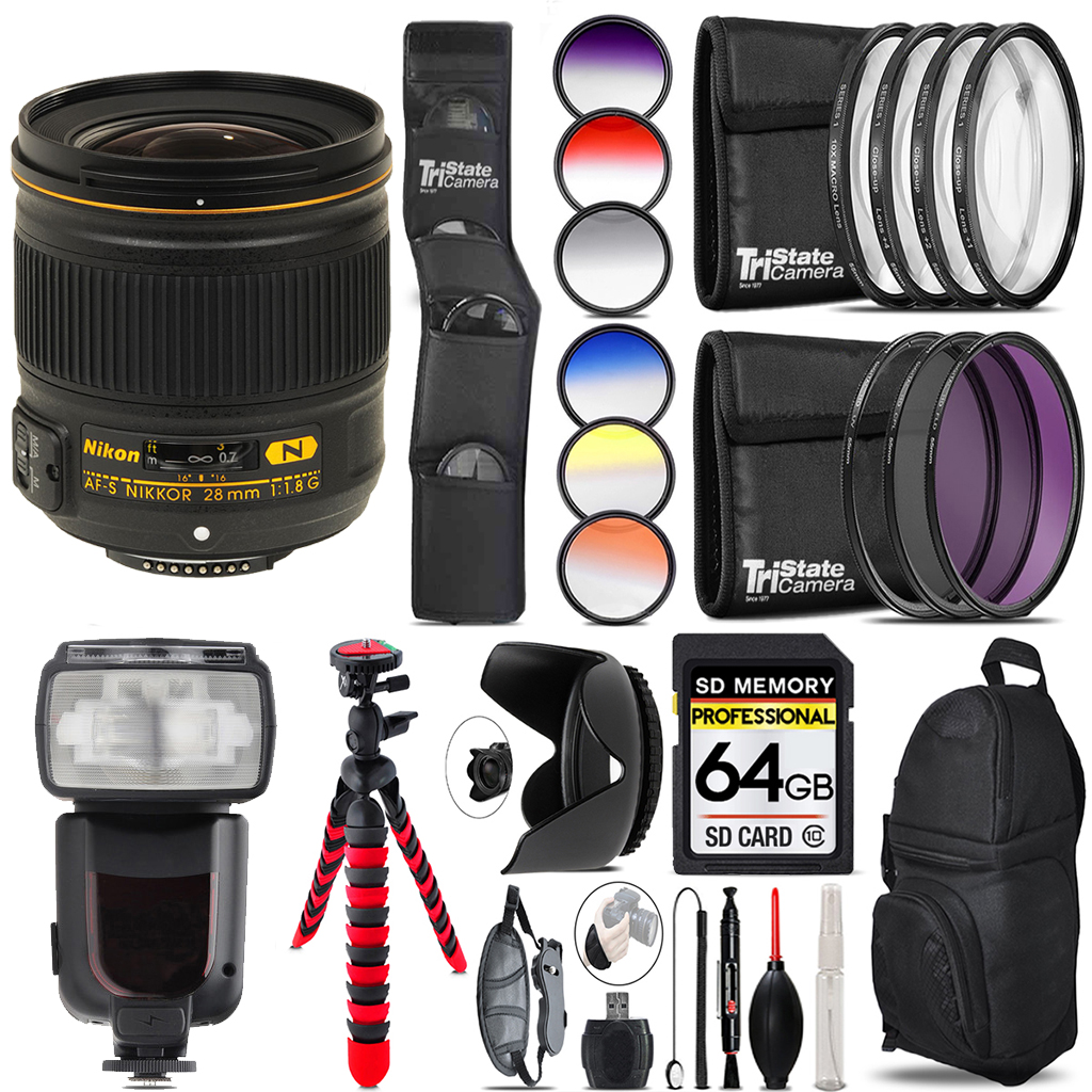 AF-S 28/1.8G LENS+ Nikon Speedlight - 64GB Accessory Kit *FREE SHIPPING*