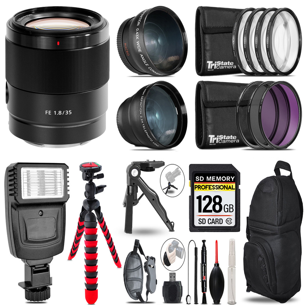 FE 35mm f/1.8 Lens -3 Lens Kit + Flash + Tripod - 128GB Kit *FREE SHIPPING*