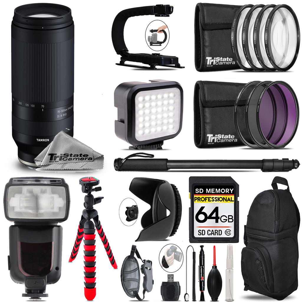 70-300mm f/4.5-6.3 Di III RXD Lens (E) + LED Flash+ Bag -64GB Bundle *FREE SHIPPING*