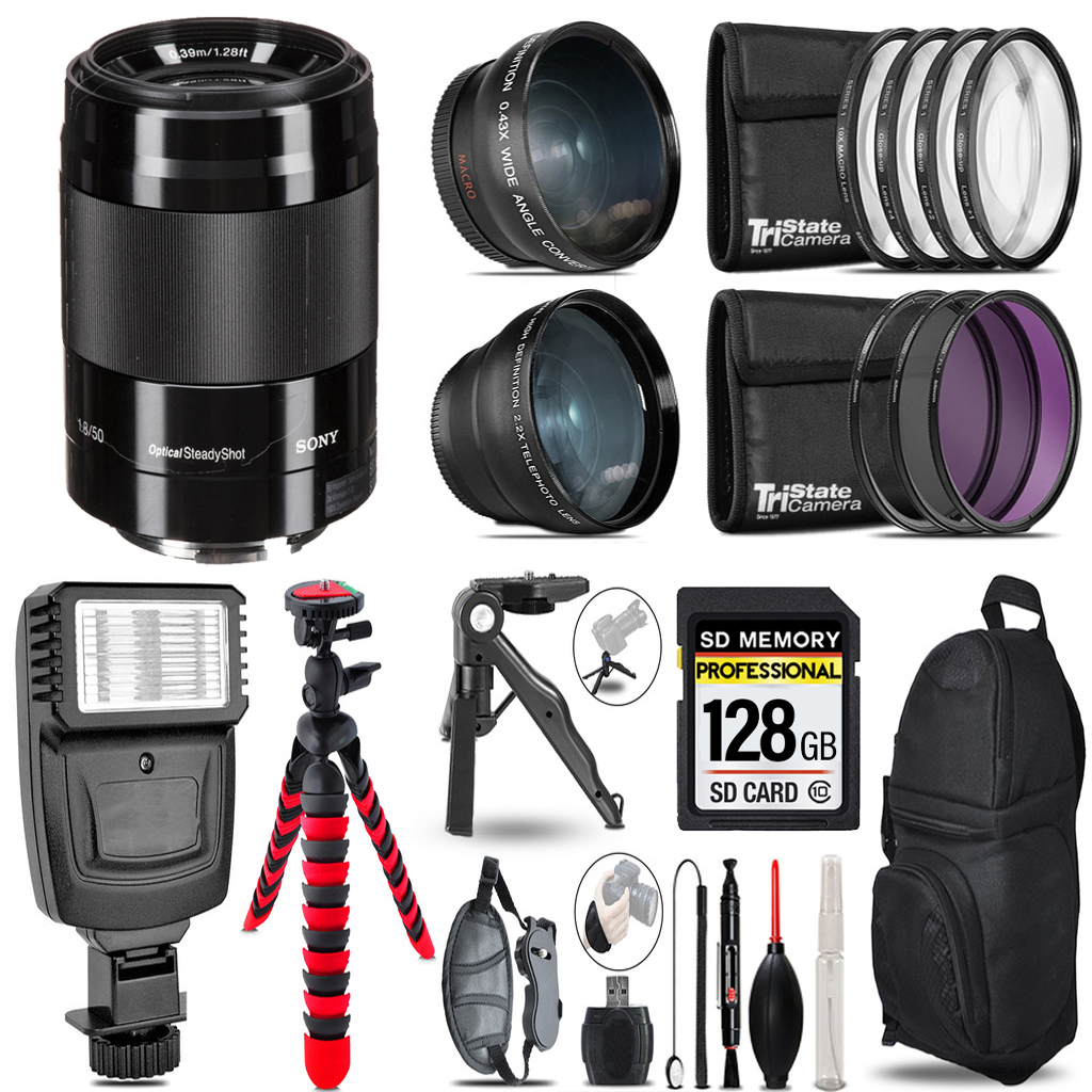 E 50mm f/1.8 OSS Lens (Black) -3 Lens Kit + Flash + Tripod - 128GB Kit *FREE SHIPPING*