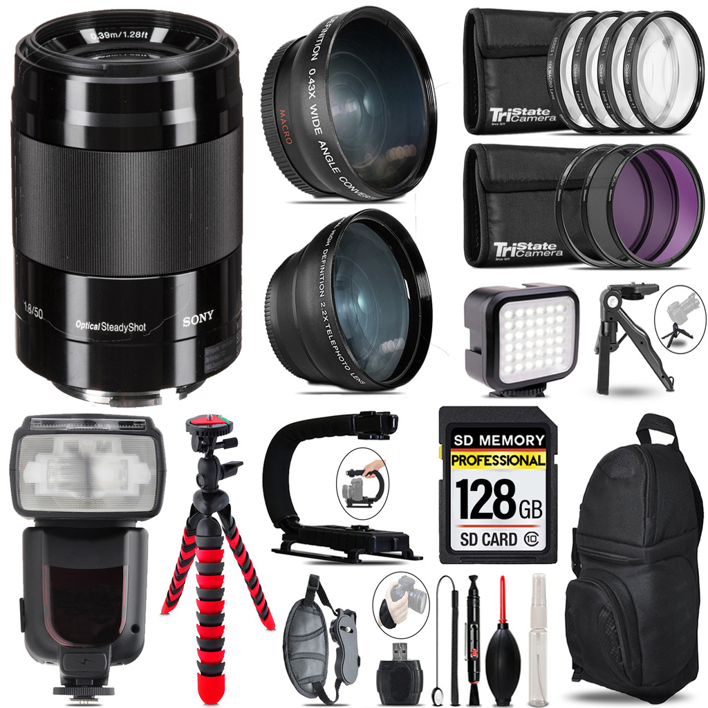 E 50mm f/1.8 OSS Lens (Black) + LED Light + Tripod -128GB Kit *FREE SHIPPING*
