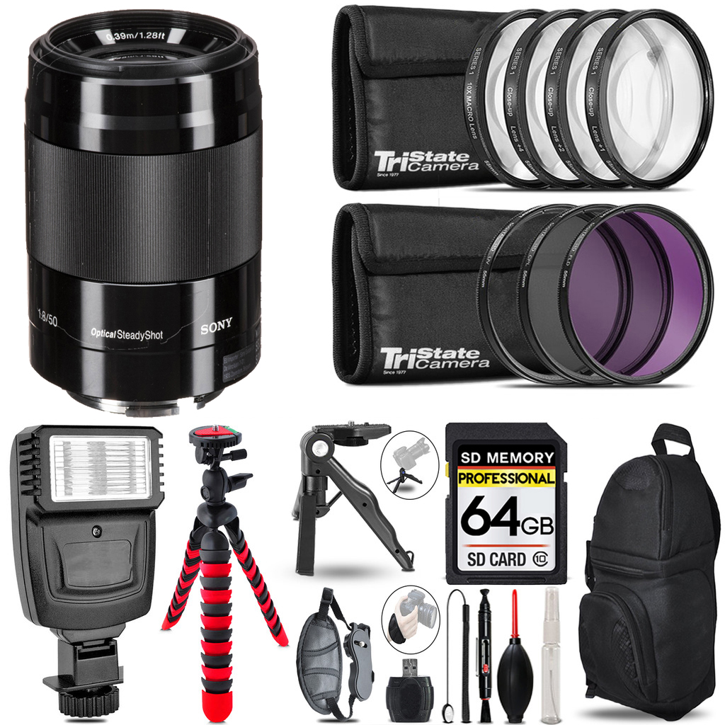 E 50mm f/1.8 OSS Lens (Black) + Flash + MACRO, UV-CPL-FLD - 64GB Kit *FREE SHIPPING*