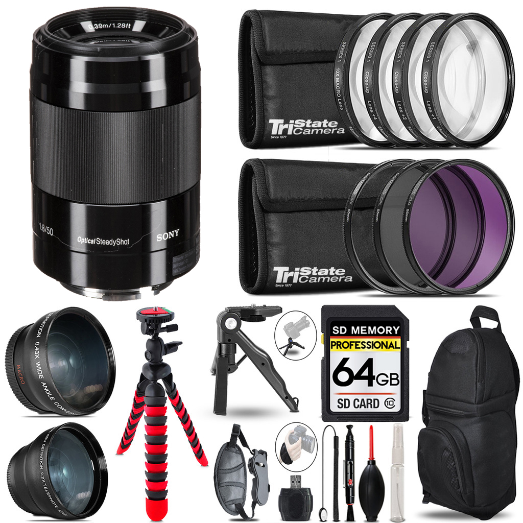 E 50mm f/1.8 OSS Lens (Black) - 3 Lens Kit + Tripod +Backpack -64GB Kit *FREE SHIPPING*