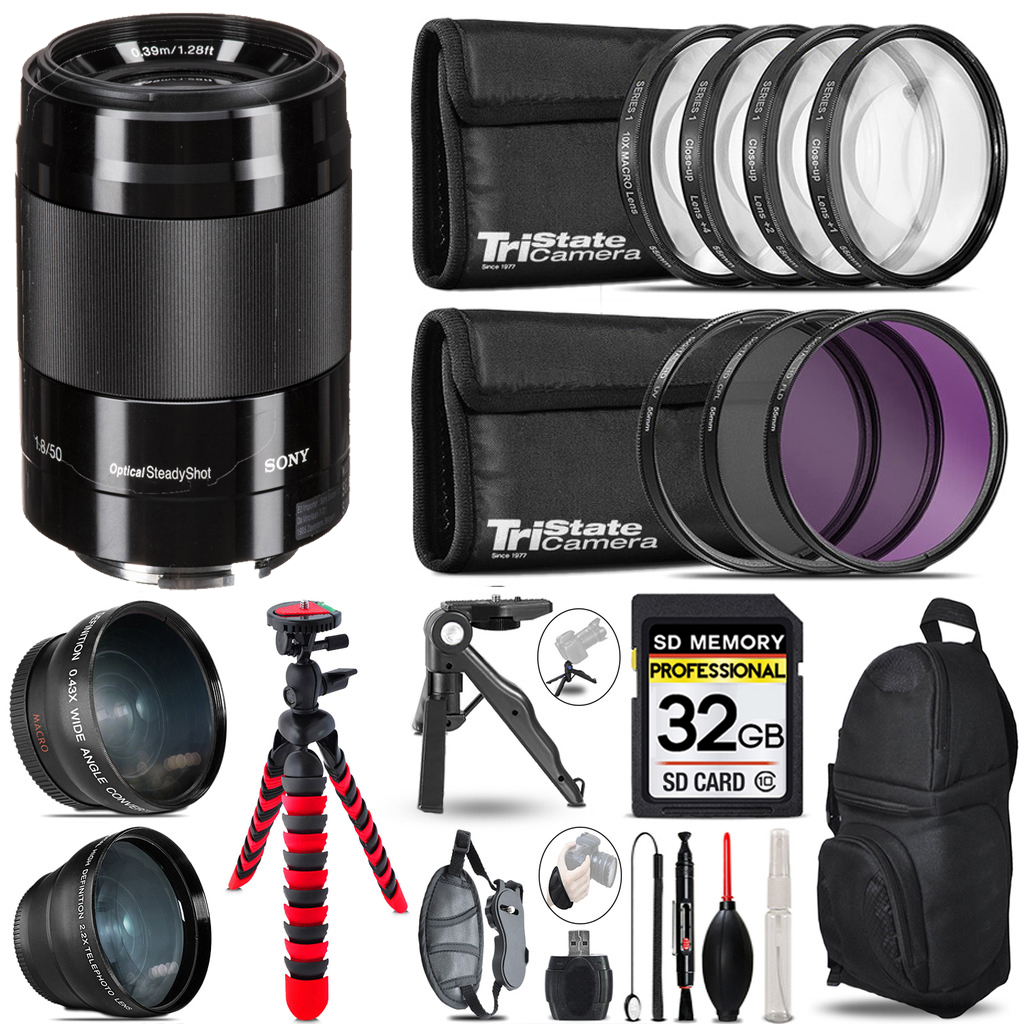 E 50mm f/1.8 OSS Lens (Black) - 3 Lens Kit +Tripod +Backpack - 32GB Kit *FREE SHIPPING*