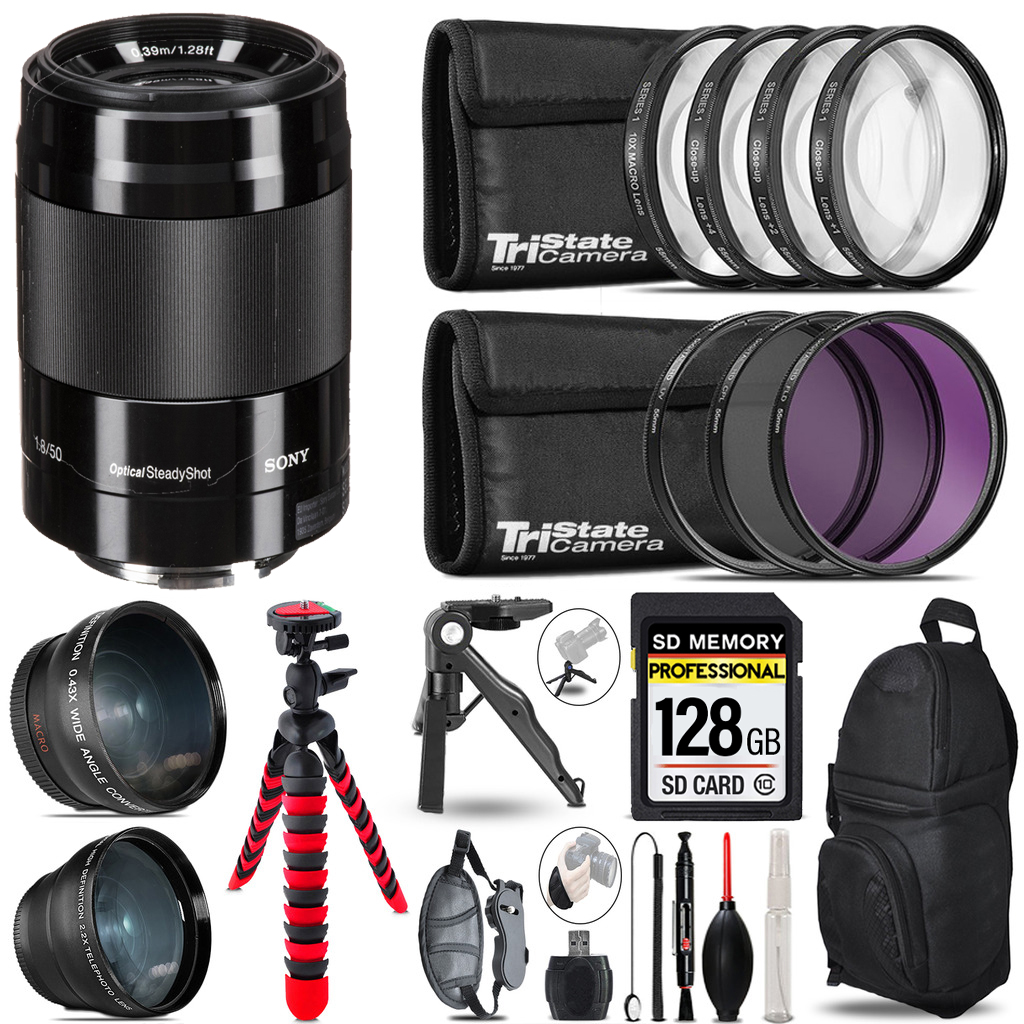 E 50mm f/1.8 OSS Lens (Black) -3 Lens Kit +Tripod +Backpack - 128GB Kit *FREE SHIPPING*