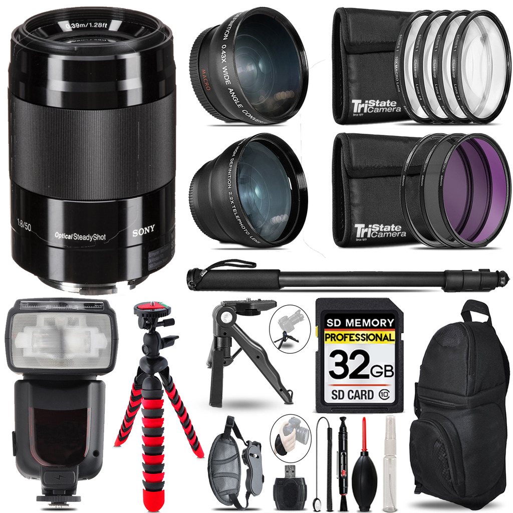 E 50mm f/1.8 OSS Lens (Black) -3 Lens Kit +Monopod -32GB Kit *FREE SHIPPING*