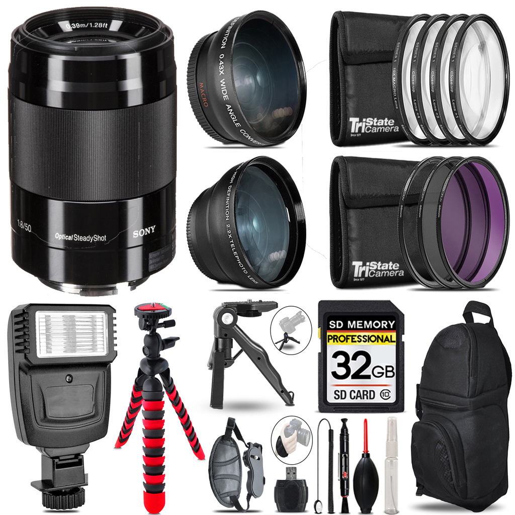 E 50mm f/1.8 OSS Lens (Black) -3 Lens Kit + Flash + Tripod - 32GB Kit *FREE SHIPPING*
