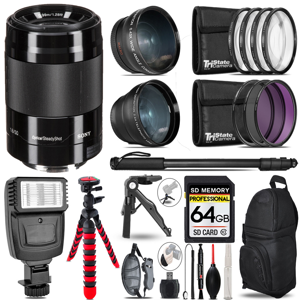 E 50mm f/1.8 OSS Lens (Black) -3 Lens Kit + Flash + Tripod - 64GB Kit *FREE SHIPPING*