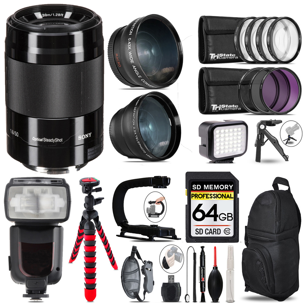 E 50mm f/1.8 OSS Lens (Black) + LED Light +Tripod -64GB Kit *FREE SHIPPING*