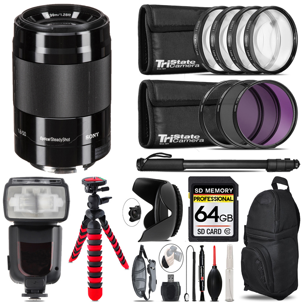 E 50mm f/1.8 OSS Lens (Black) + 7 Piece Filter & More - 64GB Kit *FREE SHIPPING*