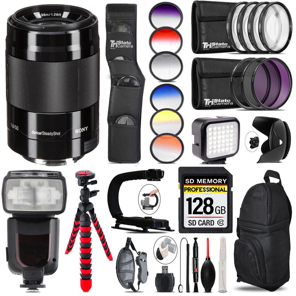 E 50mm f/1.8 OSS Lens (Black) + LED Light -128GB Kit Bundle *FREE SHIPPING*