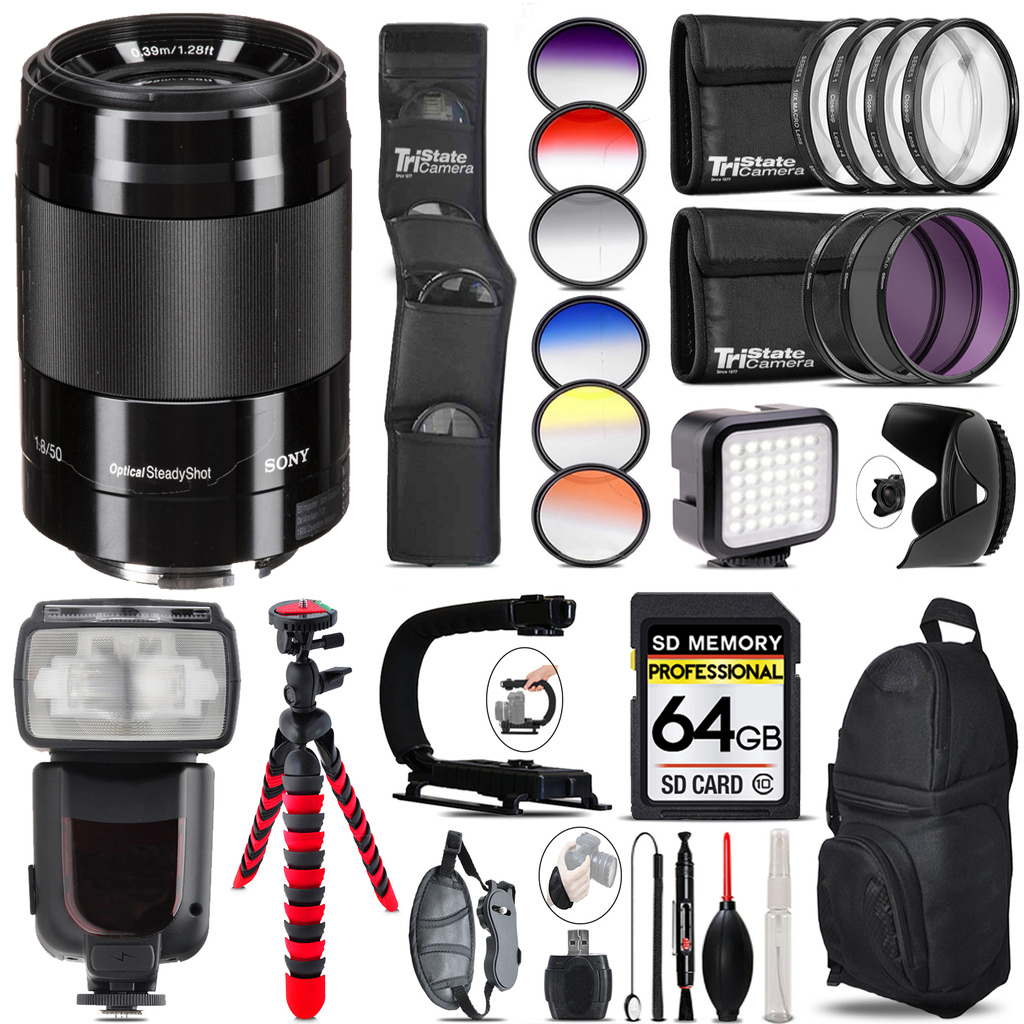 E 50mm f/1.8 OSS Lens (Black) + LED Light -64GB Kit Bundle *FREE SHIPPING*