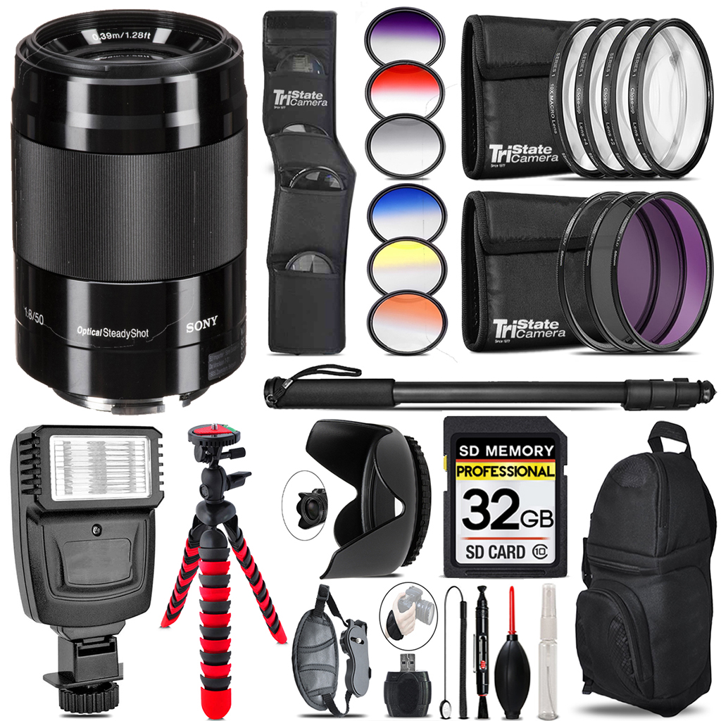 E 50mm f/1.8 OSS Lens (Black) + Flash + Color Filter Set -32GB Kit Kit *FREE SHIPPING*