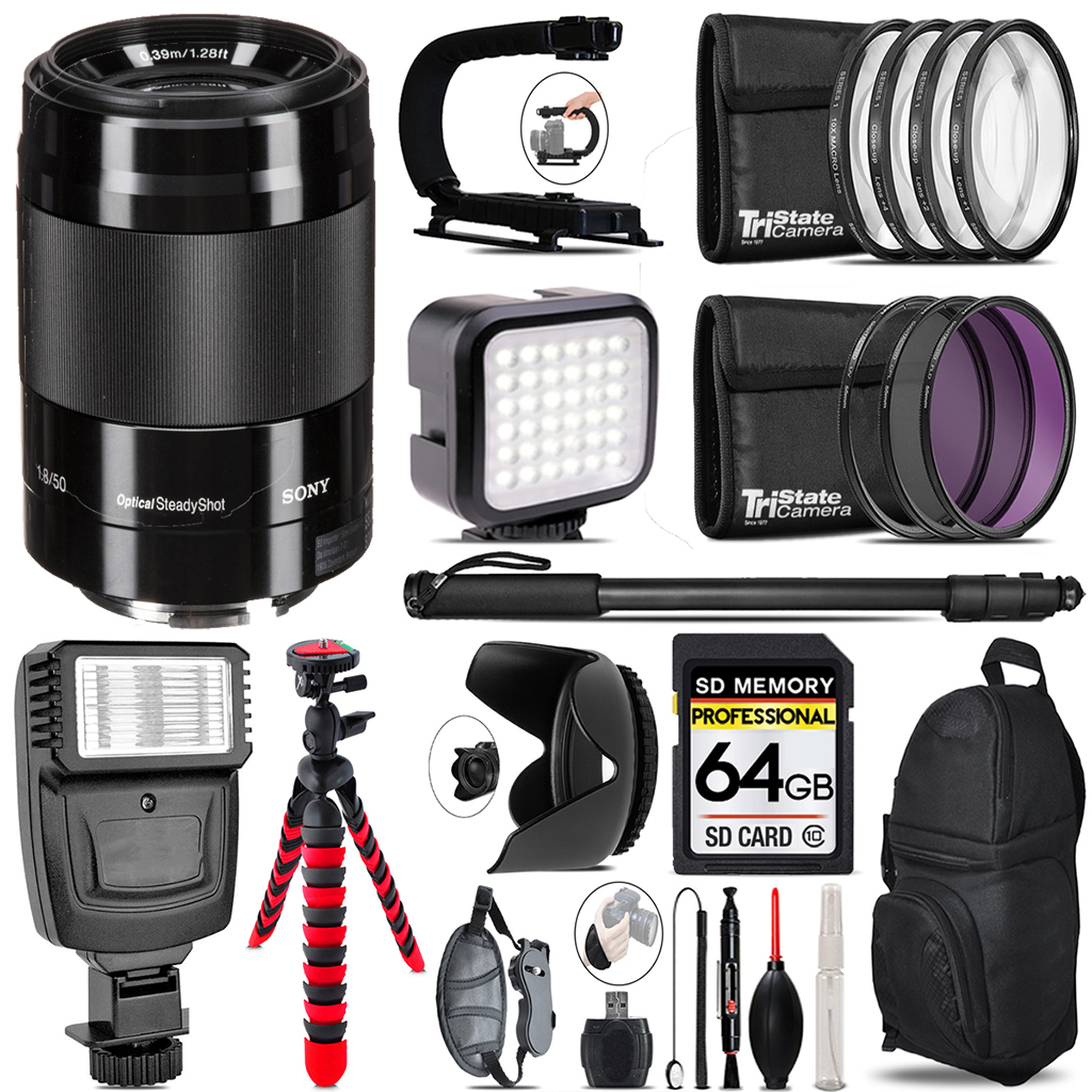 E 50mm f/1.8 OSS Lens (Black) - Video Kit + Flash - 64GB Kit Bundle *FREE SHIPPING*