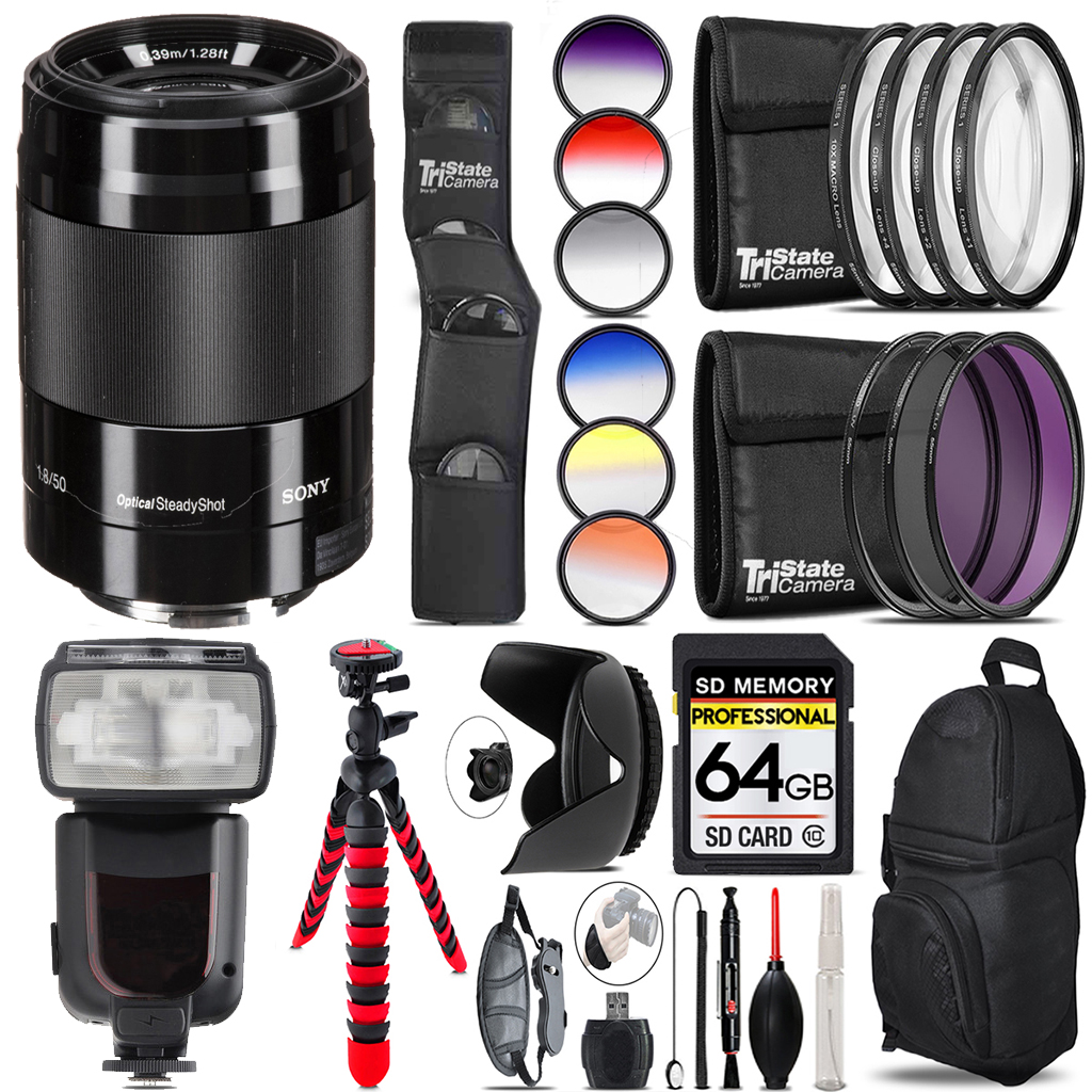 E 50mm f/1.8 OSS Lens (Black) +13 Piece Filter & More- 64GB Kit *FREE SHIPPING*