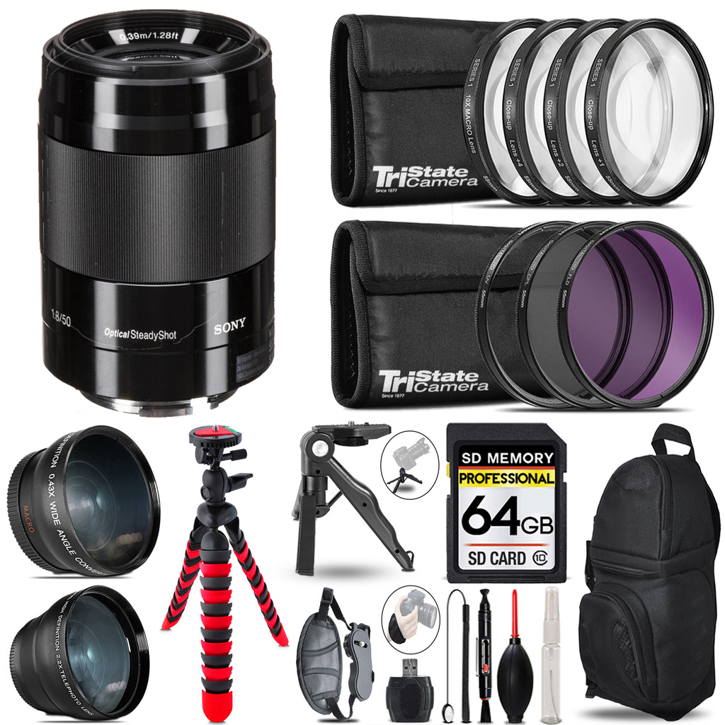 E 50mm f/1.8 OSS Lens (Black) - 3 Lens Kit + Tripod +Backpack -64GB Kit *FREE SHIPPING*