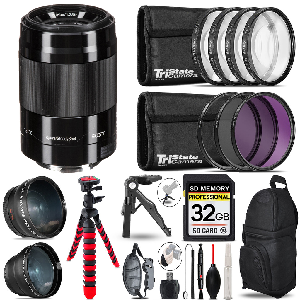 E 50mm f/1.8 OSS Lens (Black) - 3 Lens Kit +Tripod +Backpack - 32GB Kit *FREE SHIPPING*