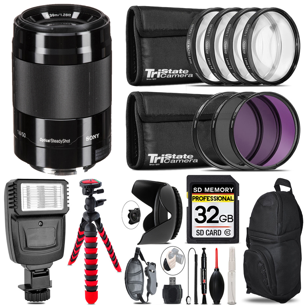 E 50mm f/1.8 OSS Lens (Black) + Flash + Tripod & More - 32GB Kit Kit *FREE SHIPPING*