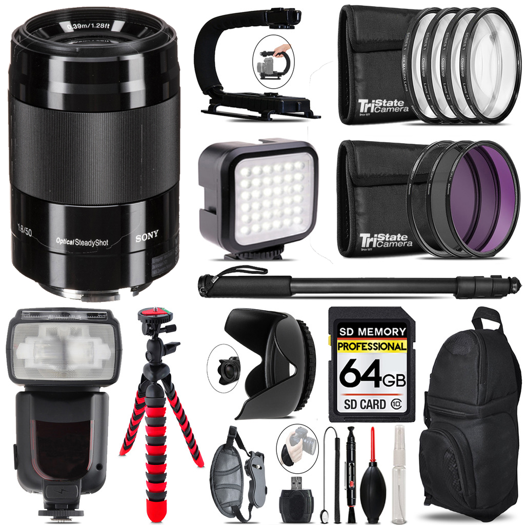 E 50mm f/1.8 OSS Lens (Black) + LED Flash+ Bag - 64GB Accessory Bundle *FREE SHIPPING*