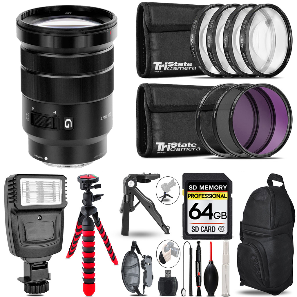 E PZ 18-105mm f/4 G OSS Lens + Flash + MACRO, UV-CPL-FLD - 64GB Kit *FREE SHIPPING*