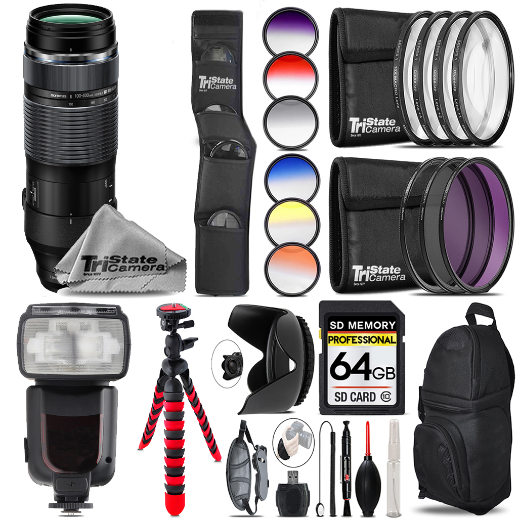 M.Zuiko 100-400mm f/5-6.3 IS Lens +13 Piece Filter & More- 64GB Kit *FREE SHIPPING*