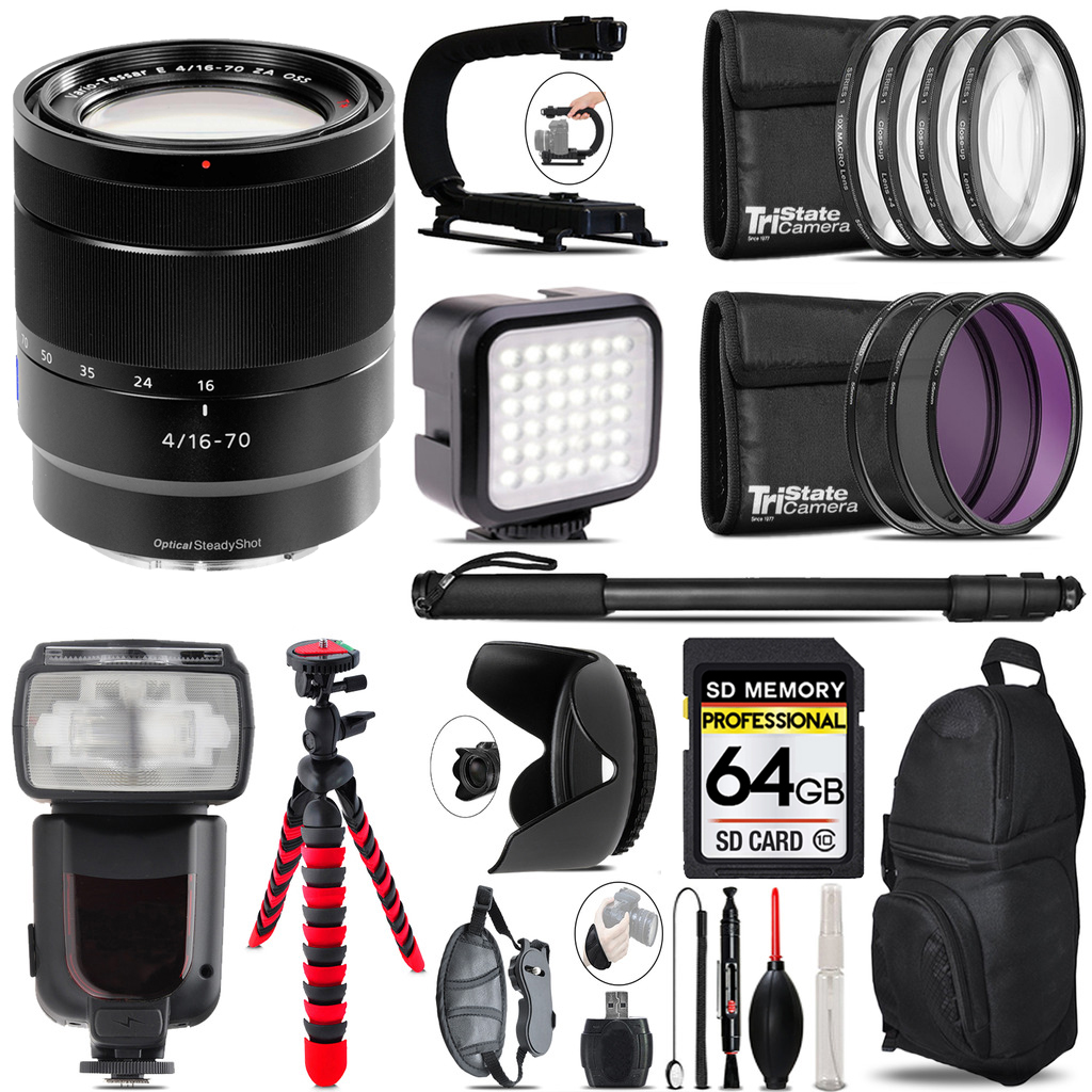 Vario-Tessar T* E 16-70mm f/4 Lens + LED Flash+ Bag - 64GB Accessory Bundle *FREE SHIPPING*